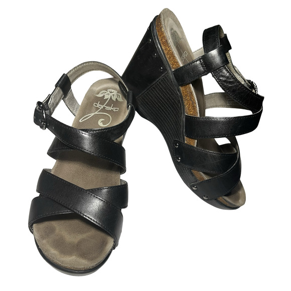 Dansko Shoes - Dansko Shoes Womens EU 37 US 6.5 -7 Black Leather Wedge Sandals Strappy Comfort